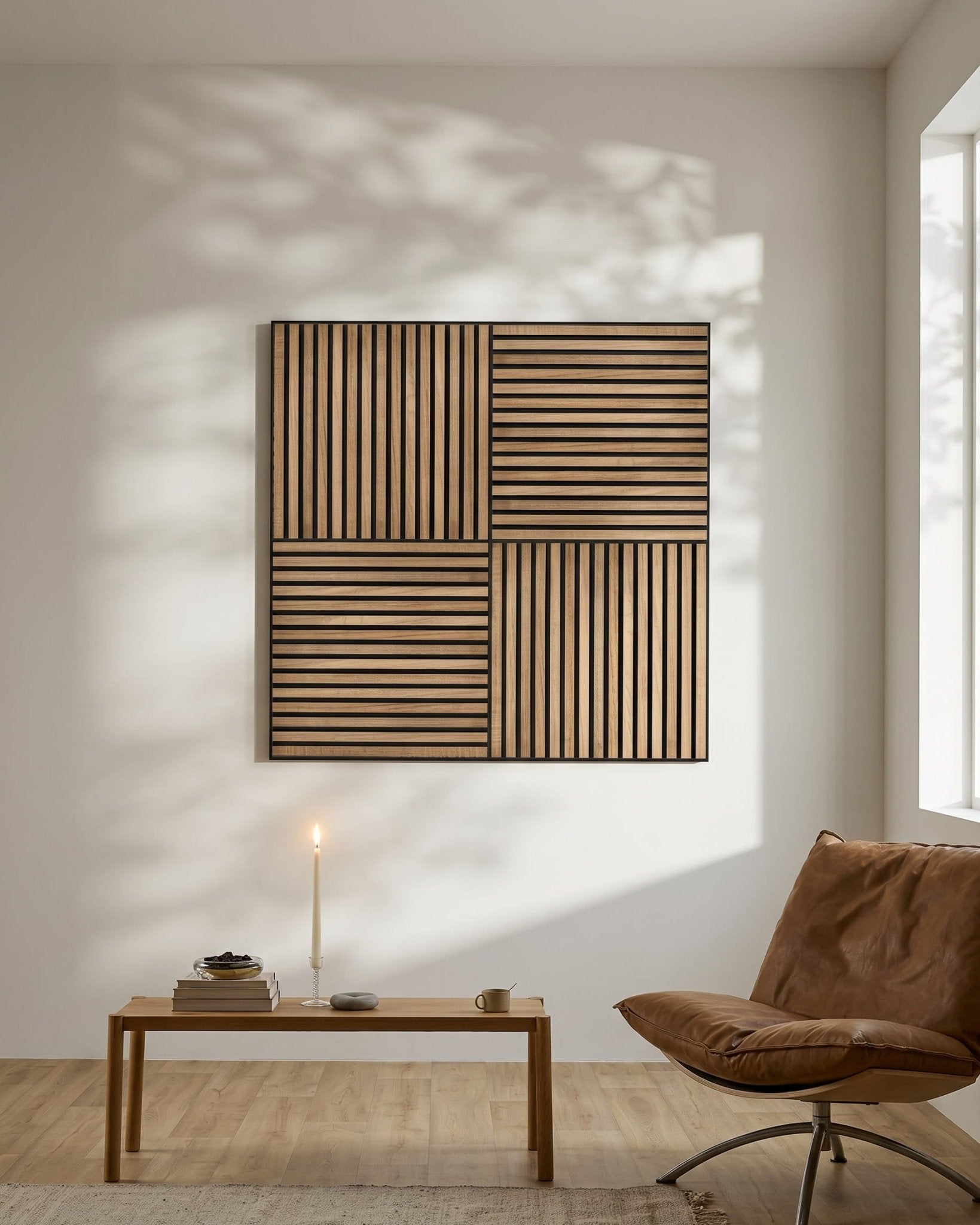 Minimalistischer nordischer Raum mit einem WoodUpp Akupixel Walnut Akustikpaneel an der Wand, einer brennenden Kerze auf einem niedrigen Tisch, Büchern und einem brown Stuhl am Fenster.